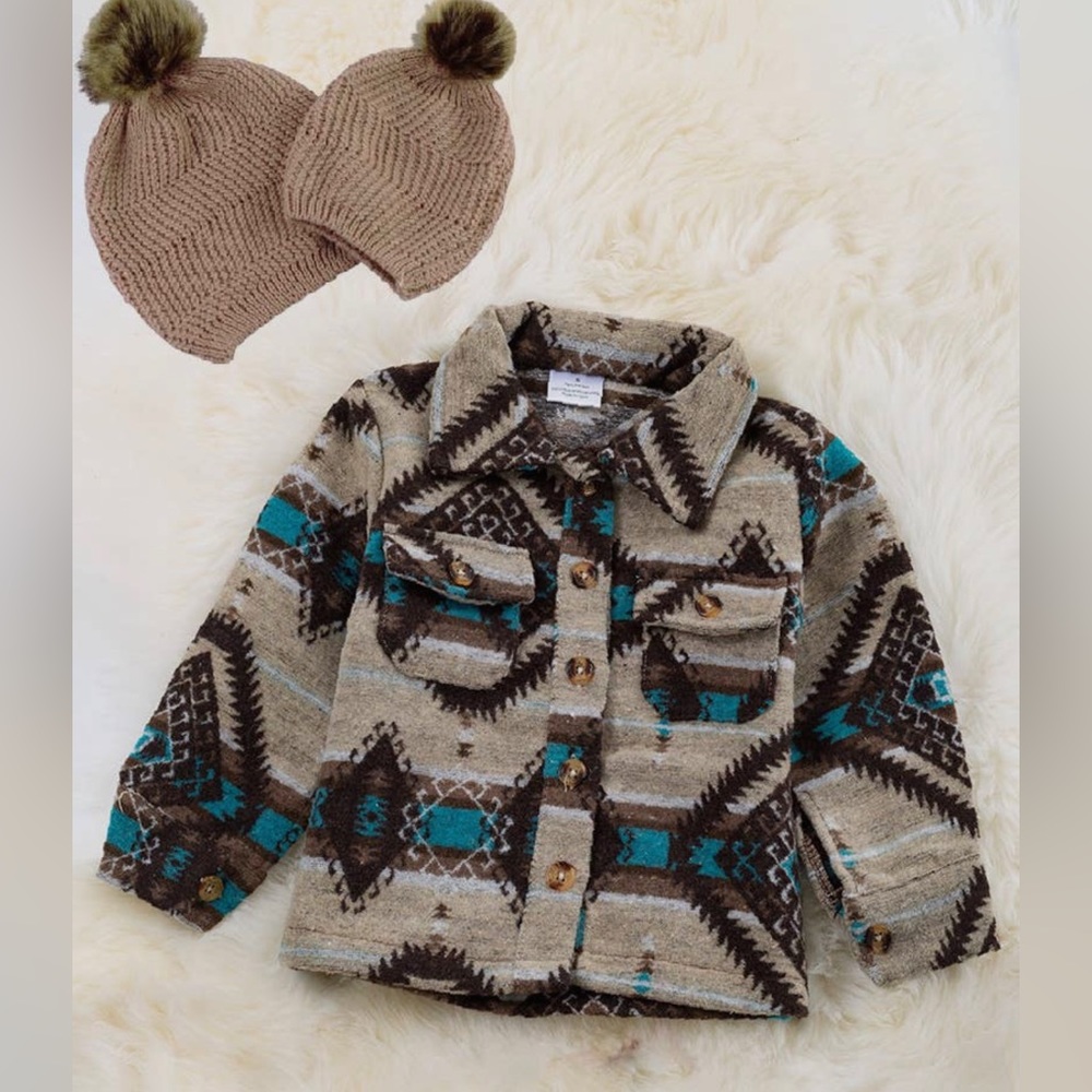 NWT Kids Ivory, Brown, & Teal Geometric Shacket